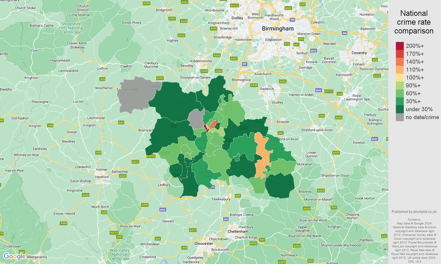 Worcester drugs crime rate comparison map