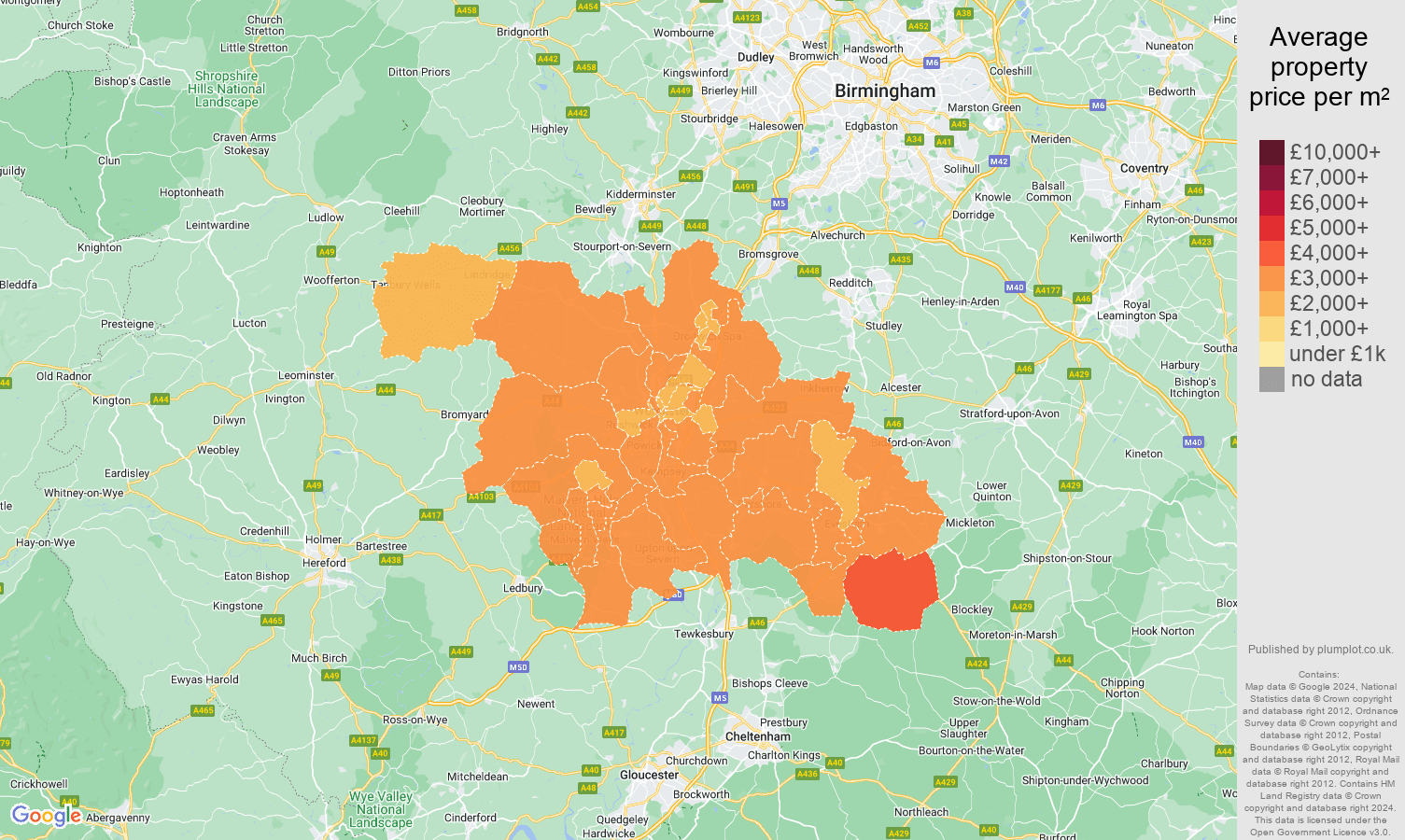 Worcester house prices per square metre map