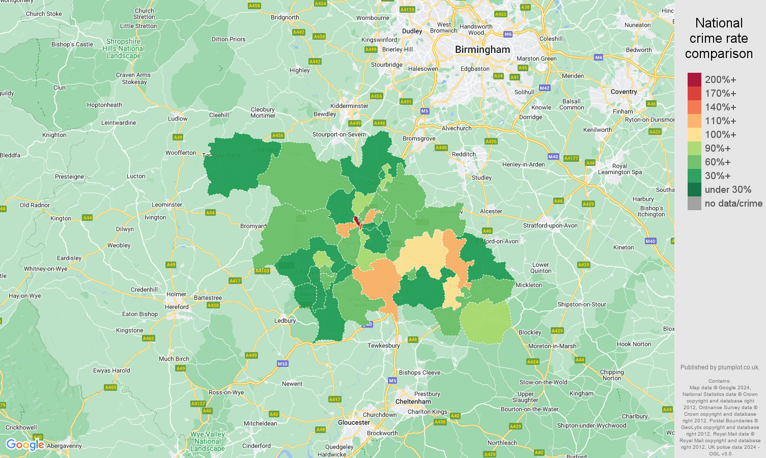 Worcester other theft crime rate comparison map