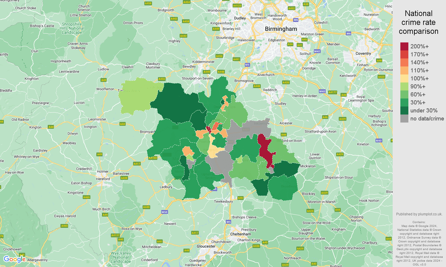 Worcester possession of weapons crime rate comparison map