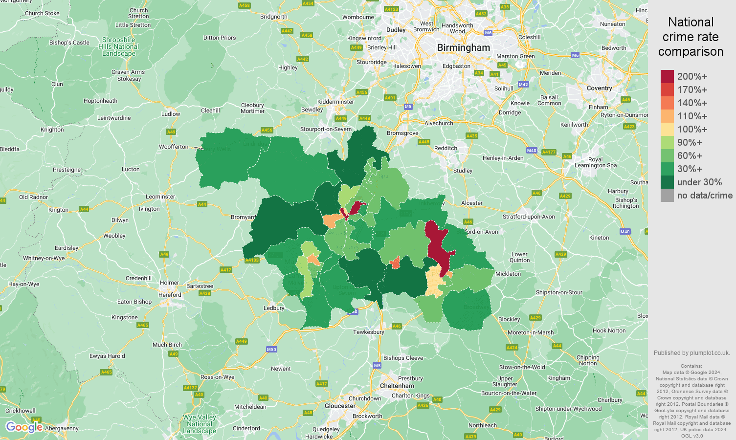 Worcester public order crime rate comparison map