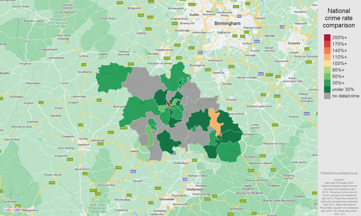 Worcester robbery crime rate comparison map