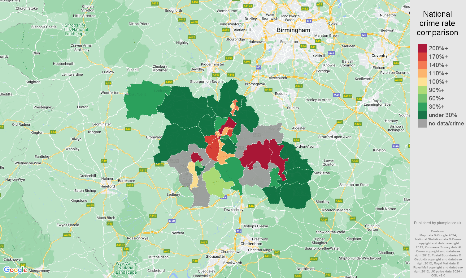 Worcester shoplifting crime rate comparison map