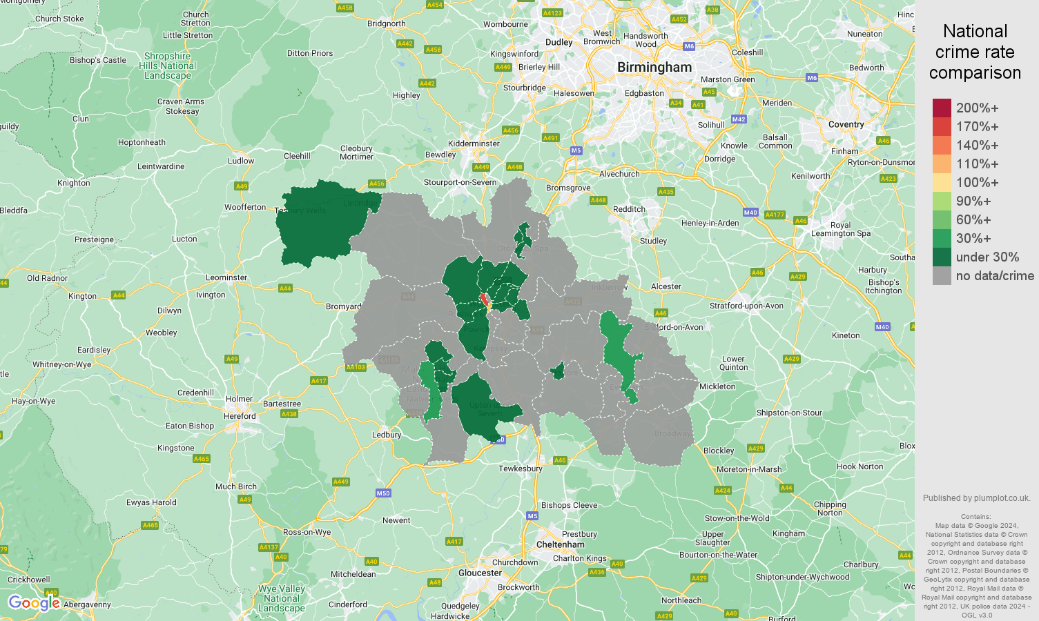 Worcester theft from the person crime rate comparison map