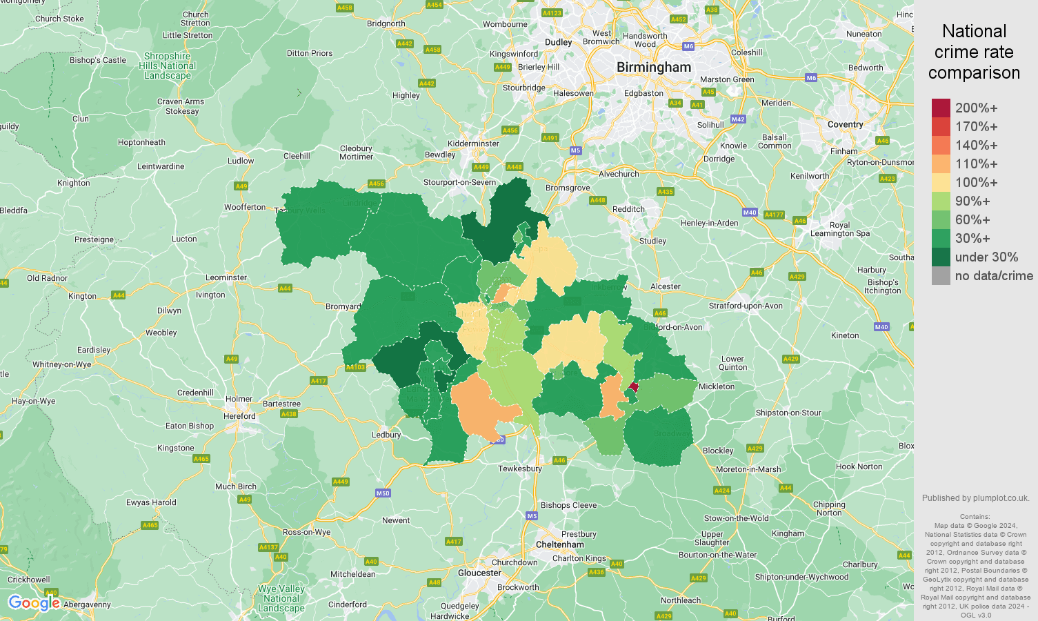 Worcester vehicle crime rate comparison map