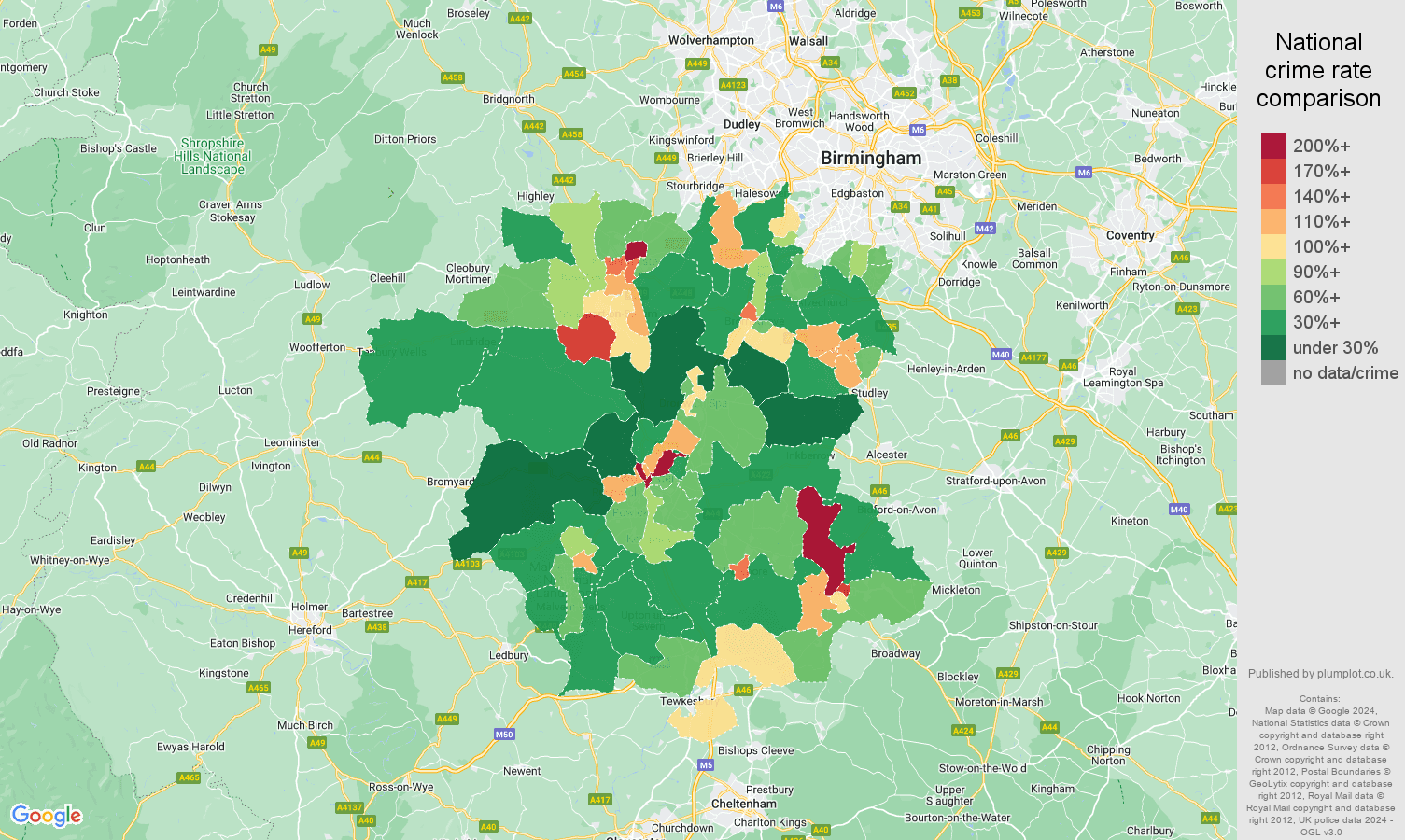 Worcestershire antisocial behaviour crime rate comparison map