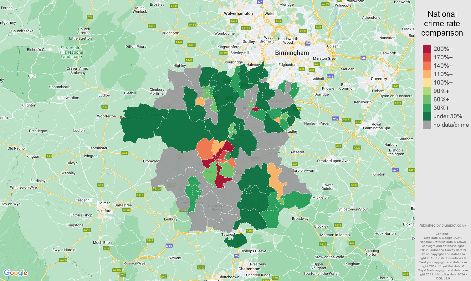 Worcestershire bicycle theft crime rate comparison map