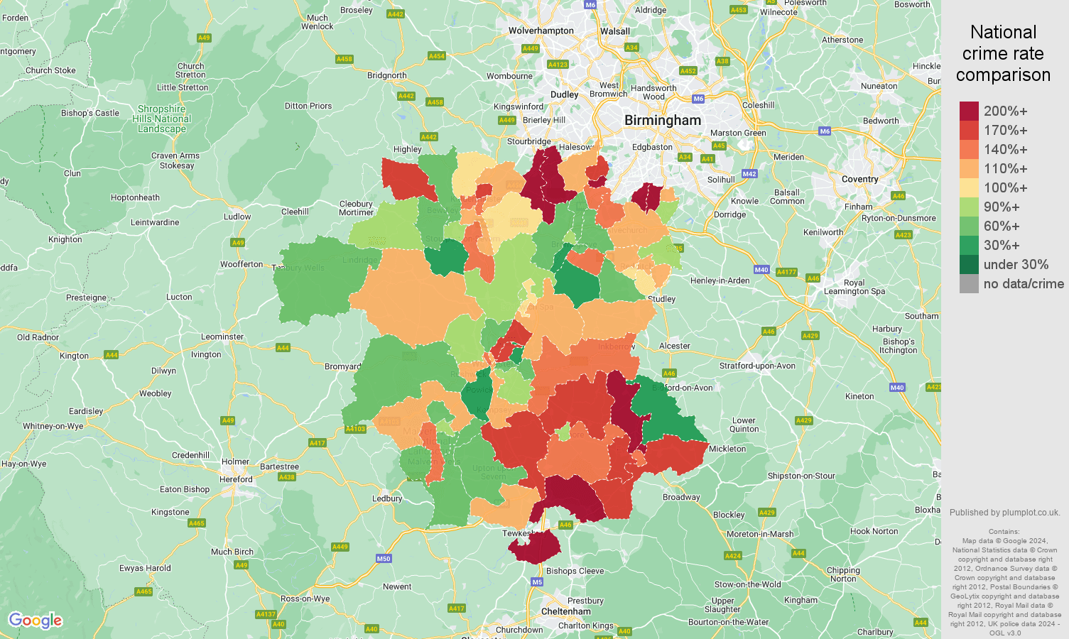 Worcestershire burglary crime rate comparison map