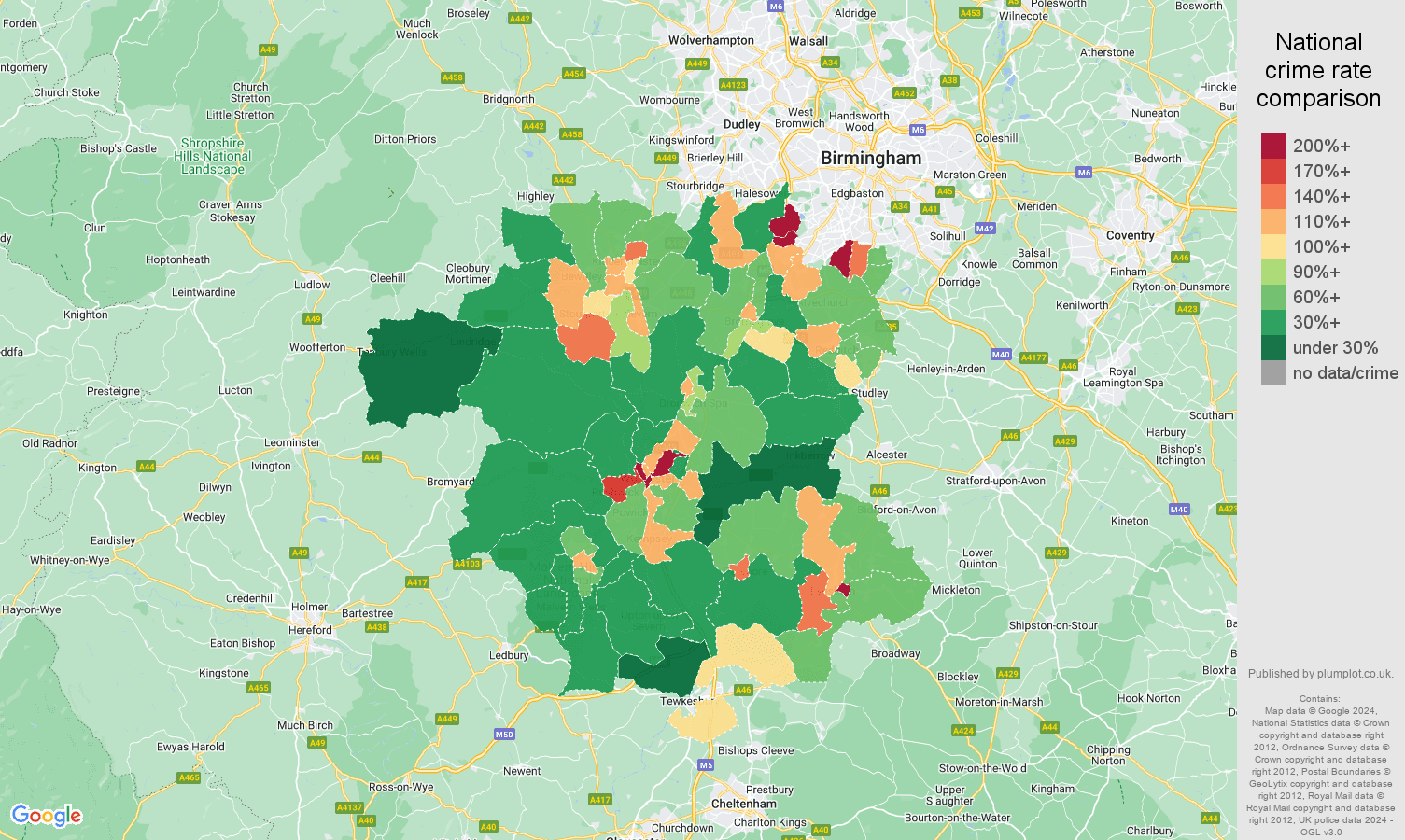Worcestershire criminal damage and arson crime rate comparison map
