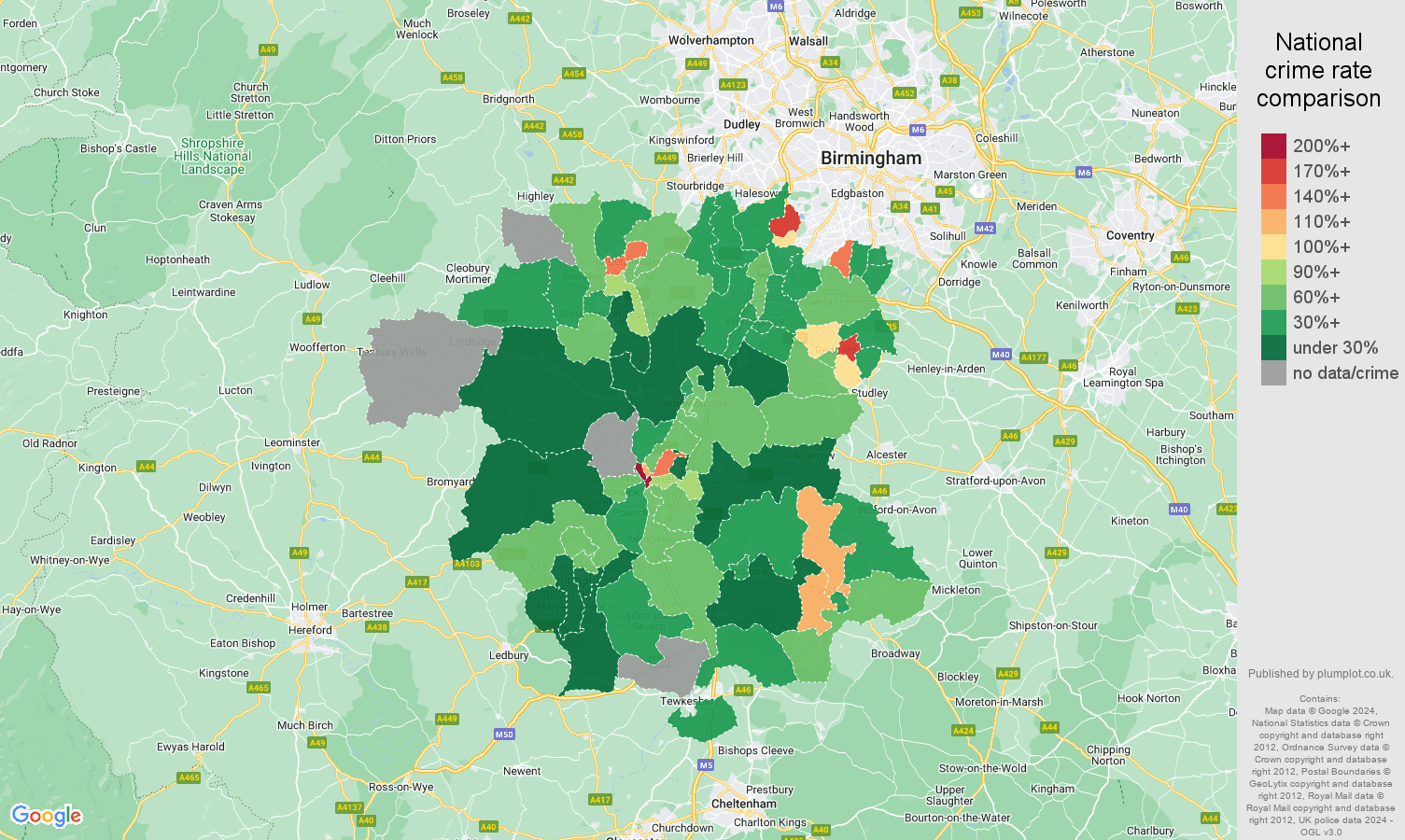 Worcestershire drugs crime rate comparison map