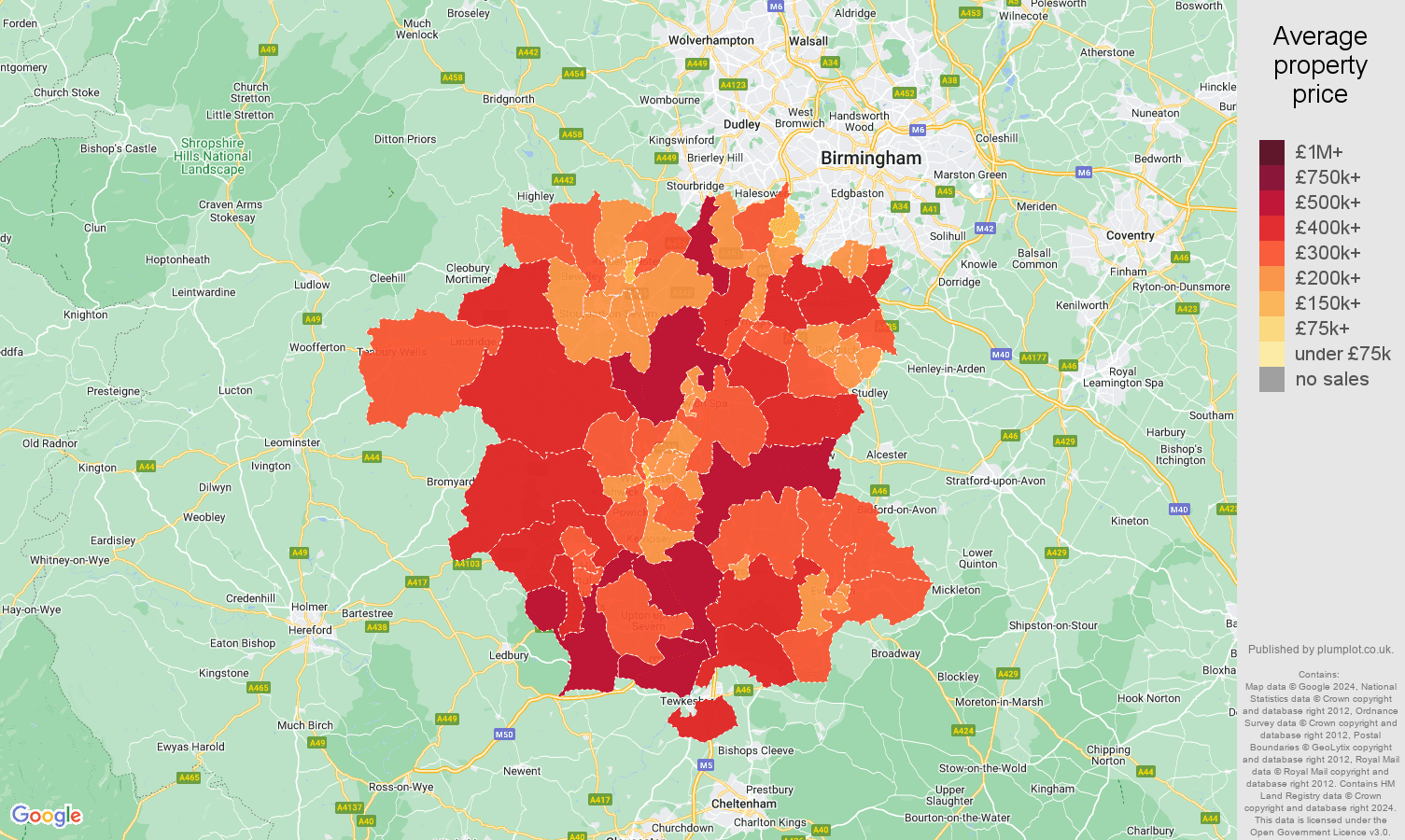 Worcestershire house prices map