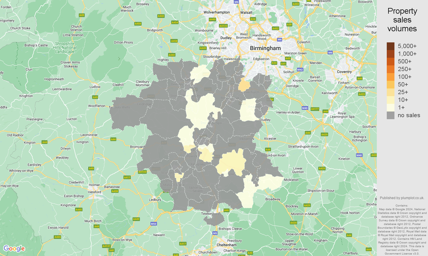 Worcestershire map of sales of new properties