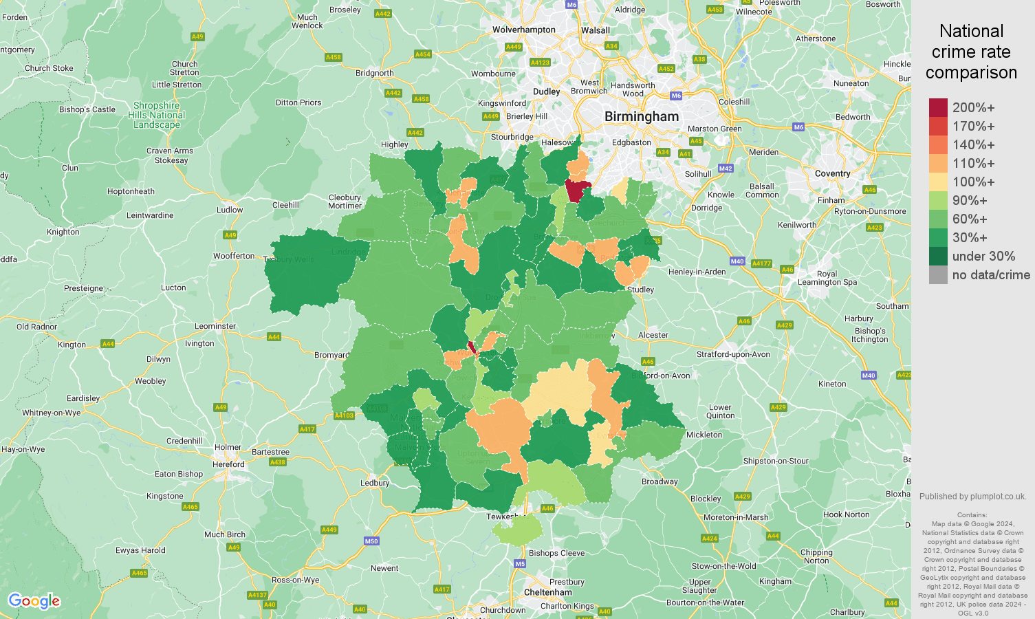 Worcestershire other theft crime rate comparison map