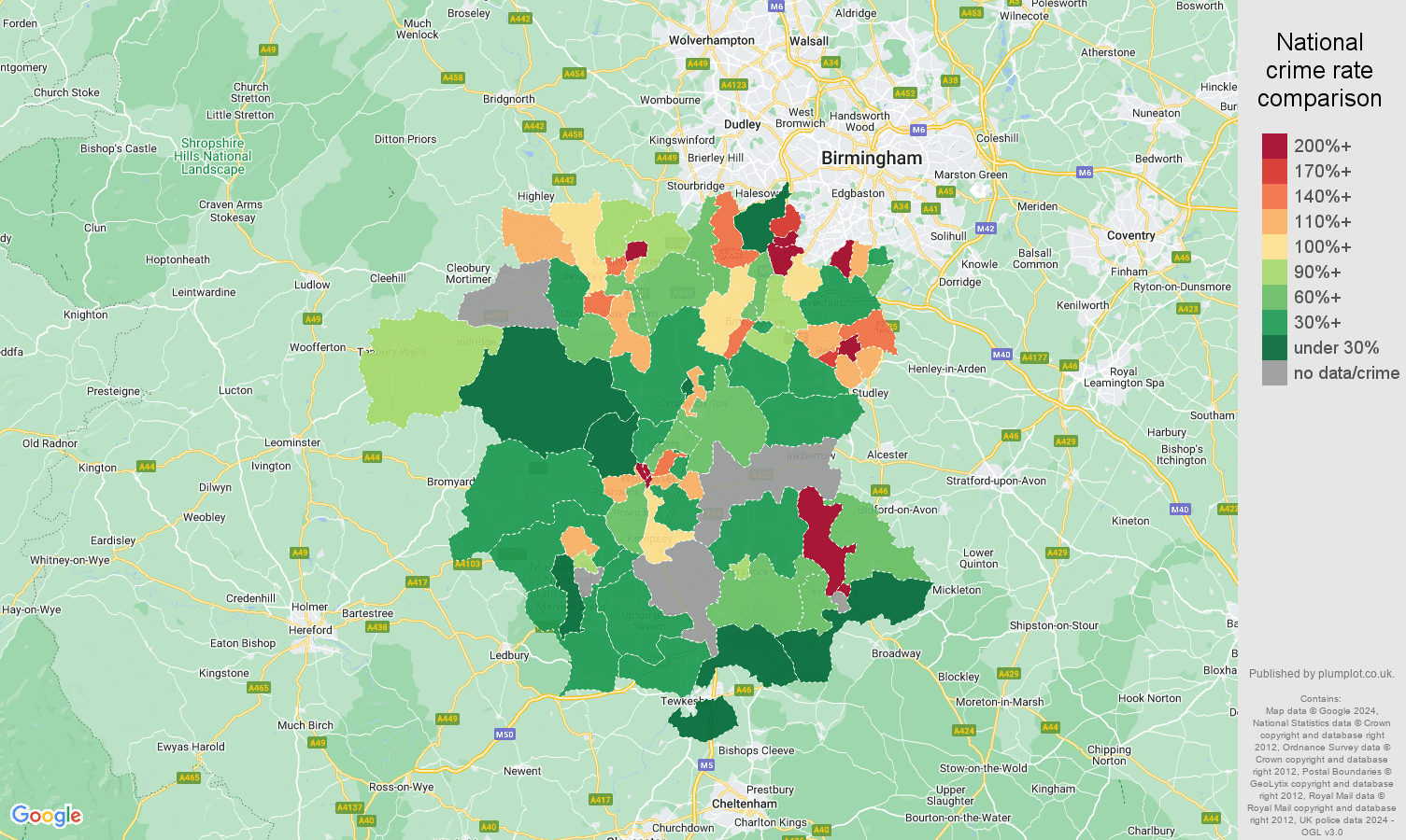 Worcestershire possession of weapons crime rate comparison map