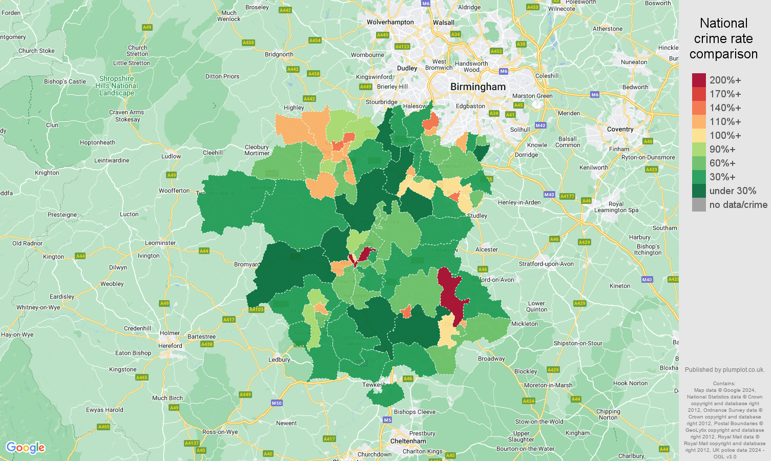 Worcestershire public order crime rate comparison map