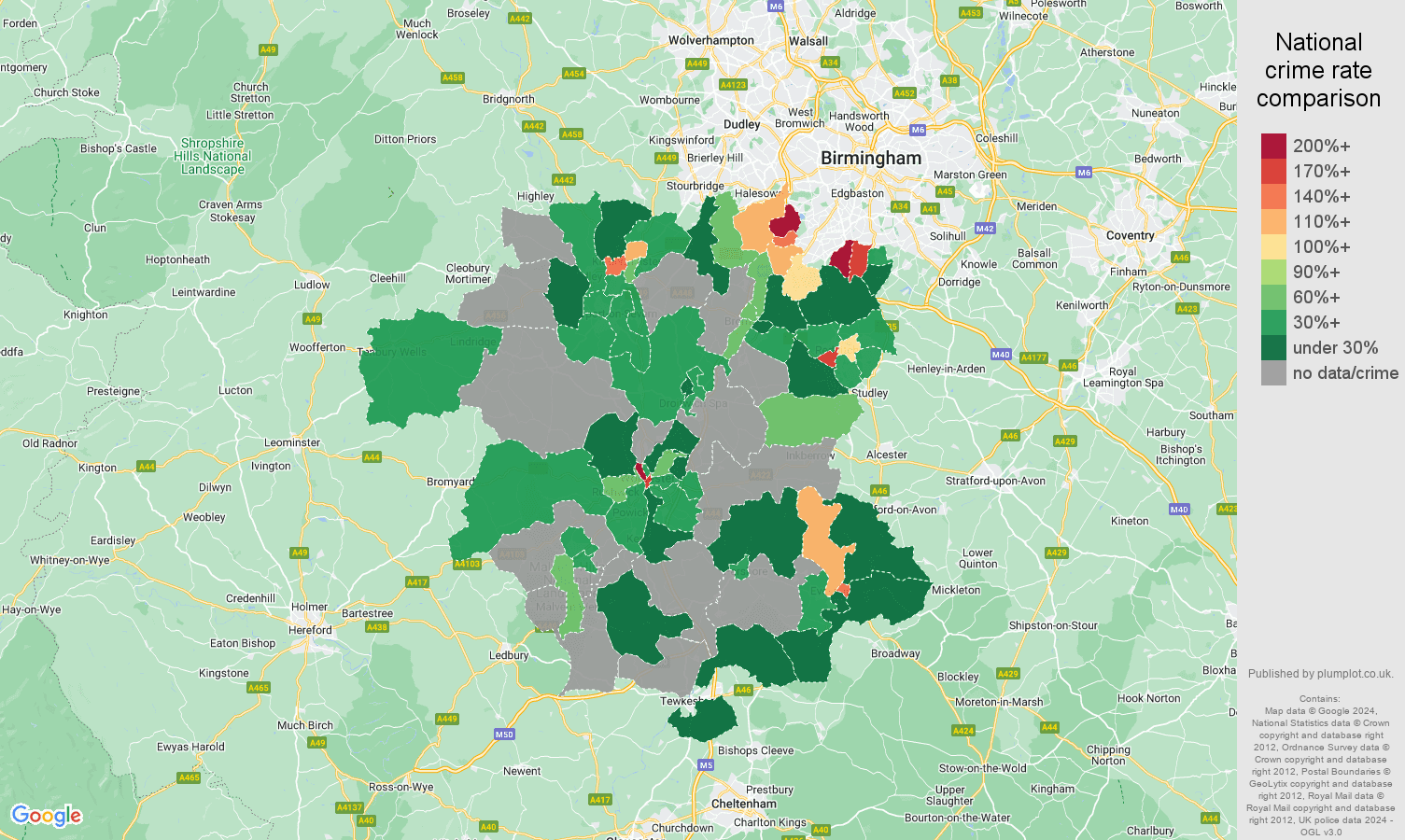 Worcestershire robbery crime rate comparison map