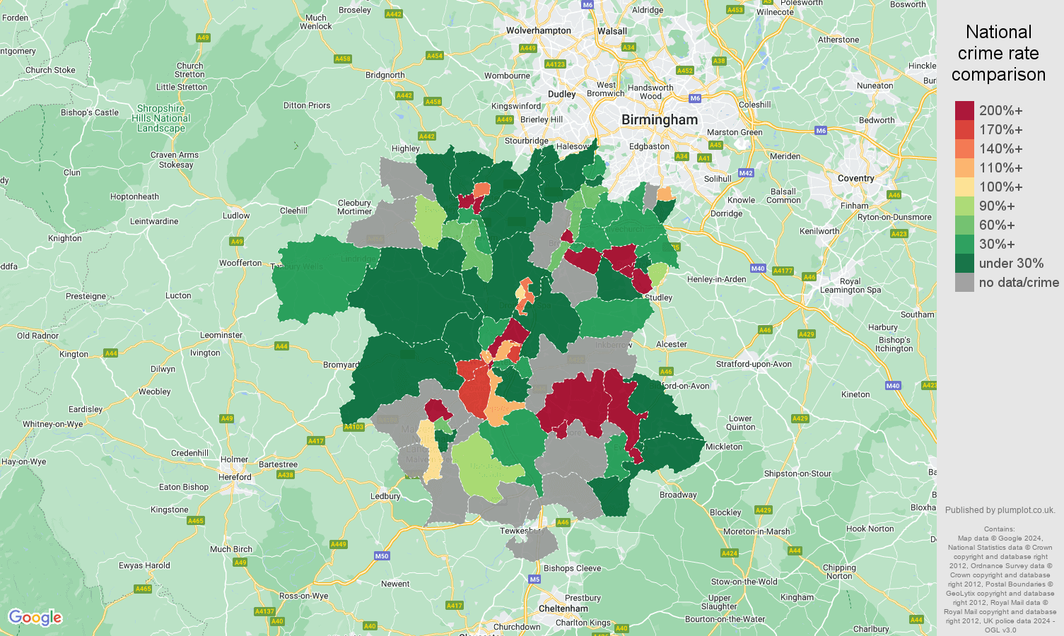 Worcestershire shoplifting crime rate comparison map