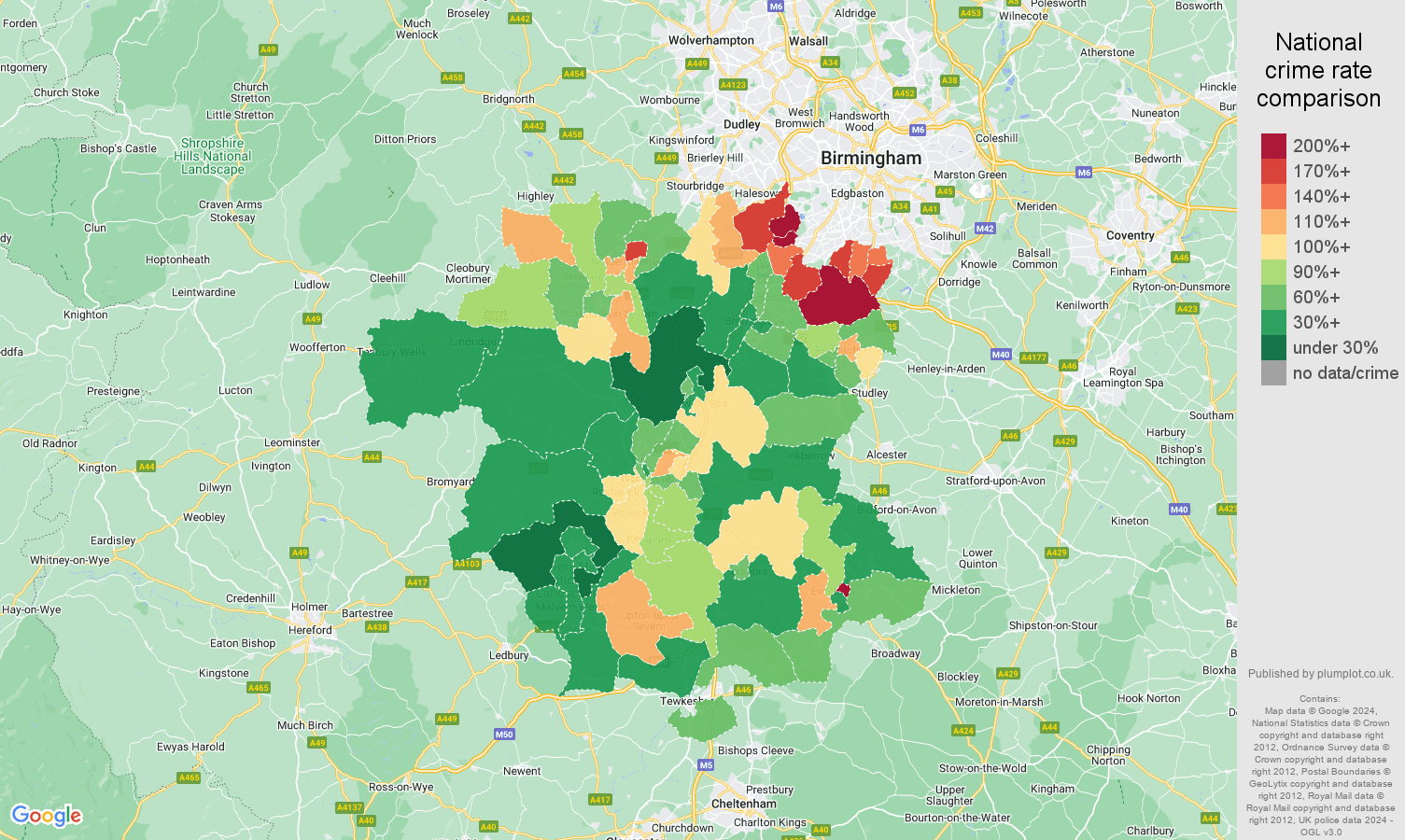 Worcestershire vehicle crime rate comparison map