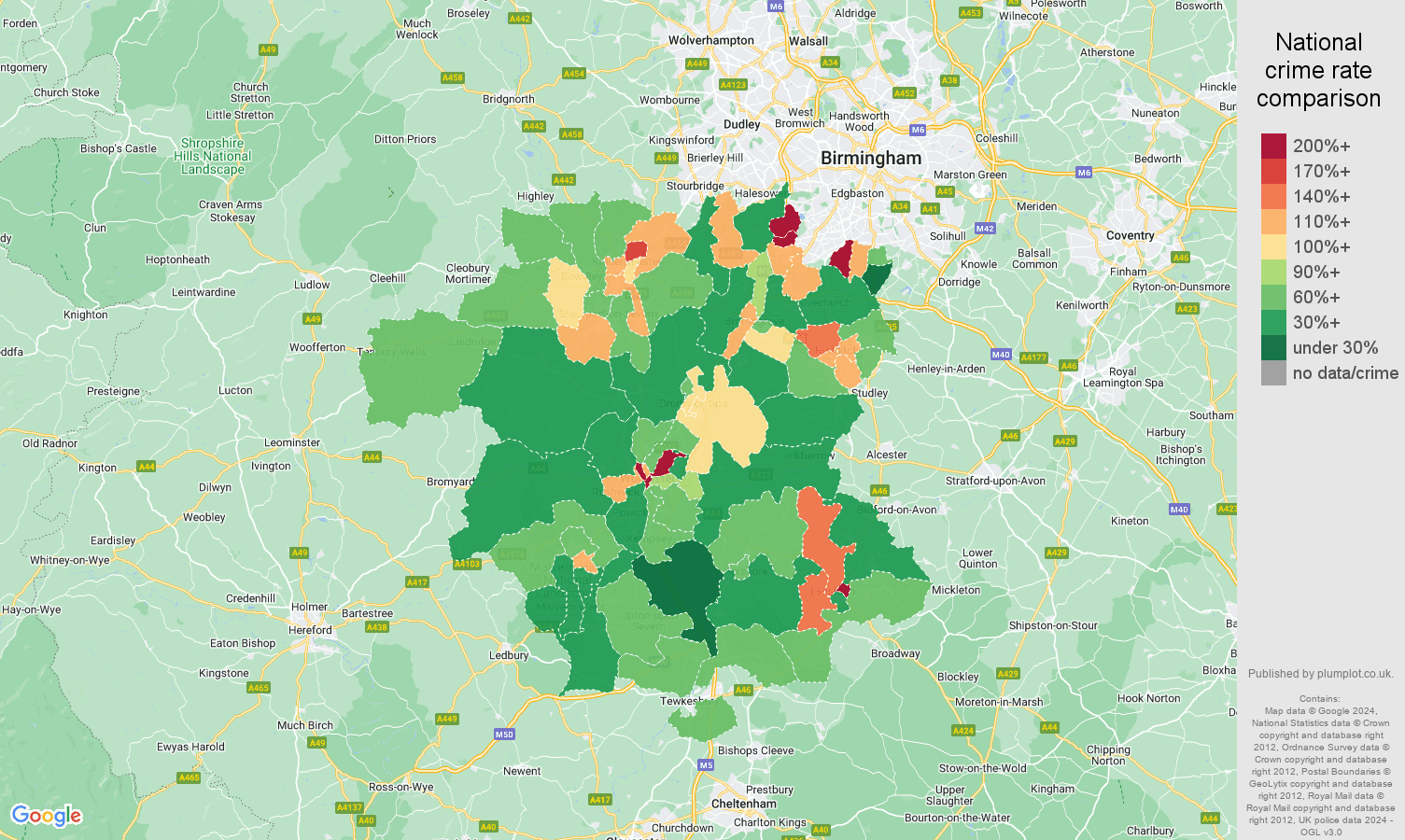 Worcestershire violent crime rate comparison map