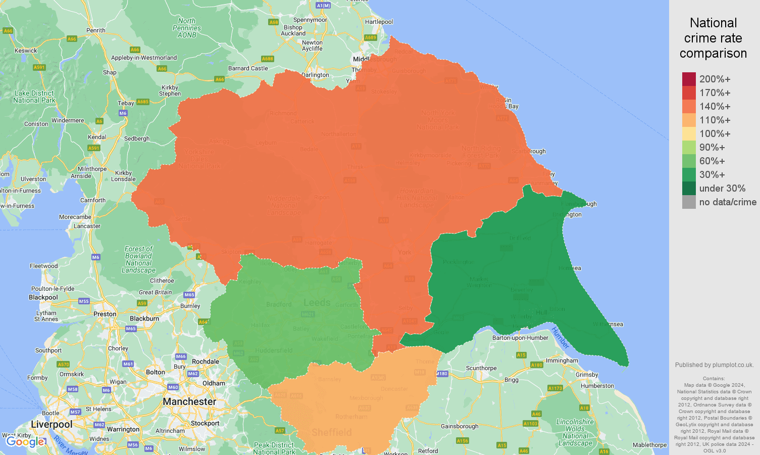 Yorkshire antisocial behaviour crime rate comparison map