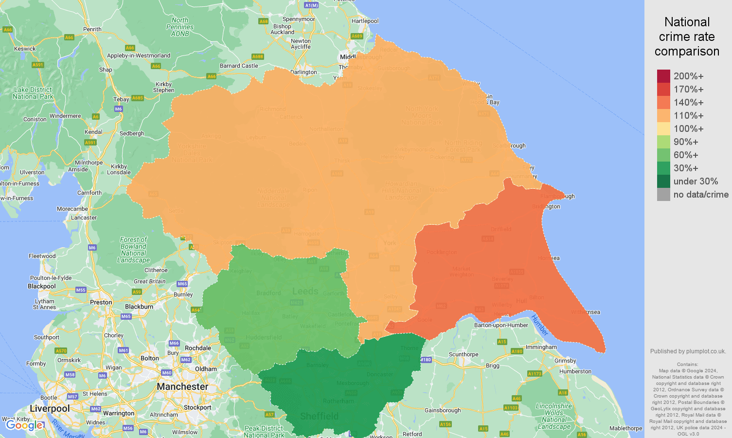 Yorkshire bicycle theft crime rate comparison map