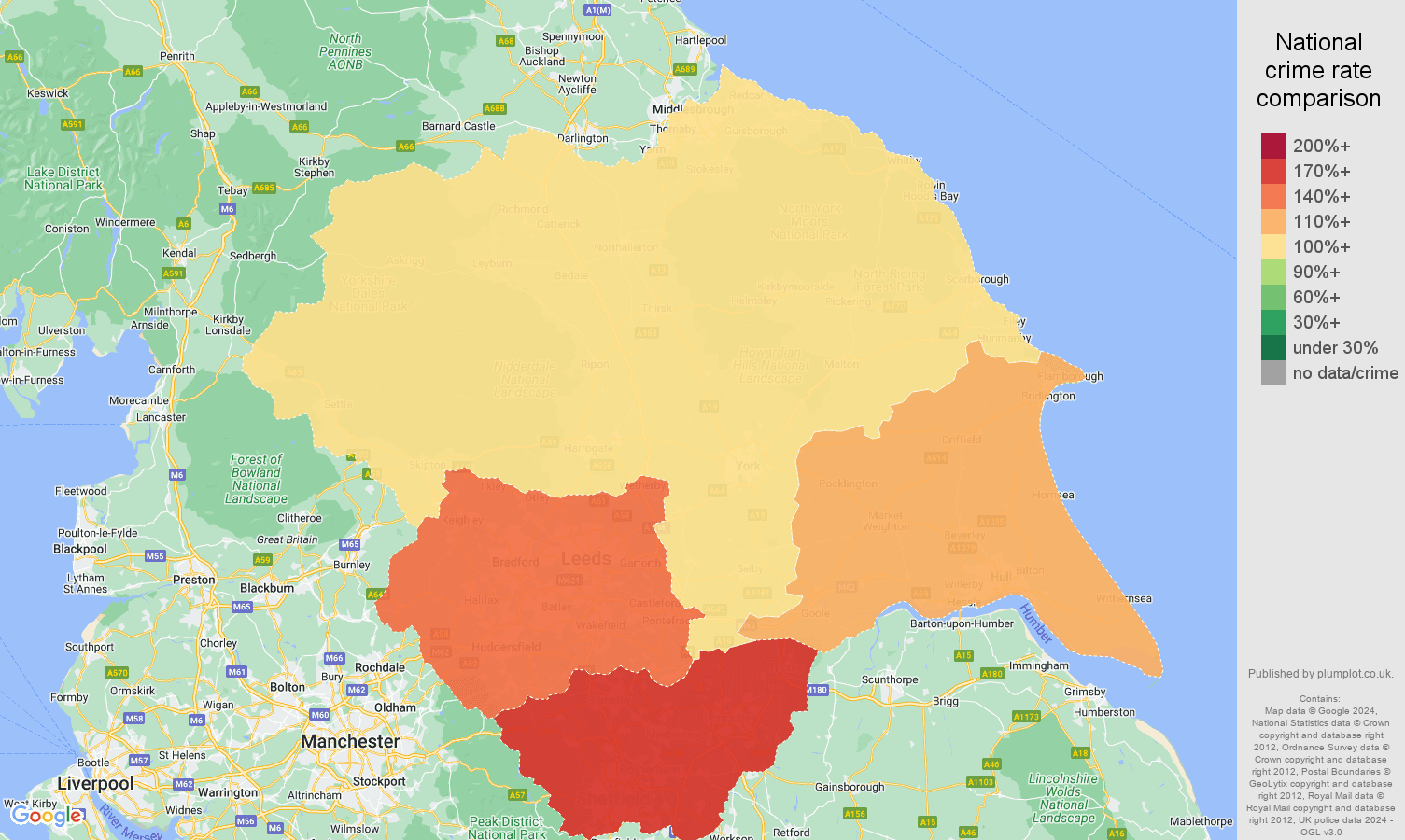 Yorkshire burglary crime rate comparison map