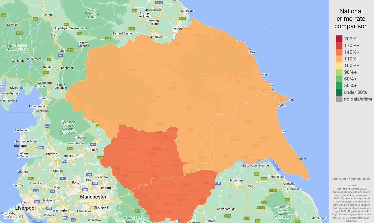 Yorkshire criminal damage and arson crime rate comparison map