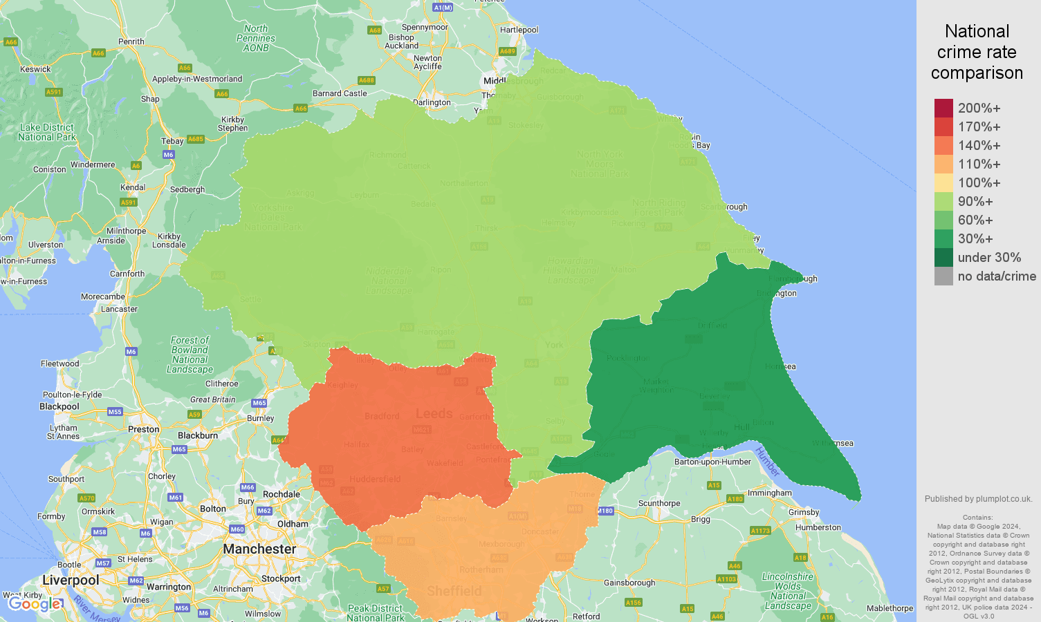 Yorkshire drugs crime rate comparison map