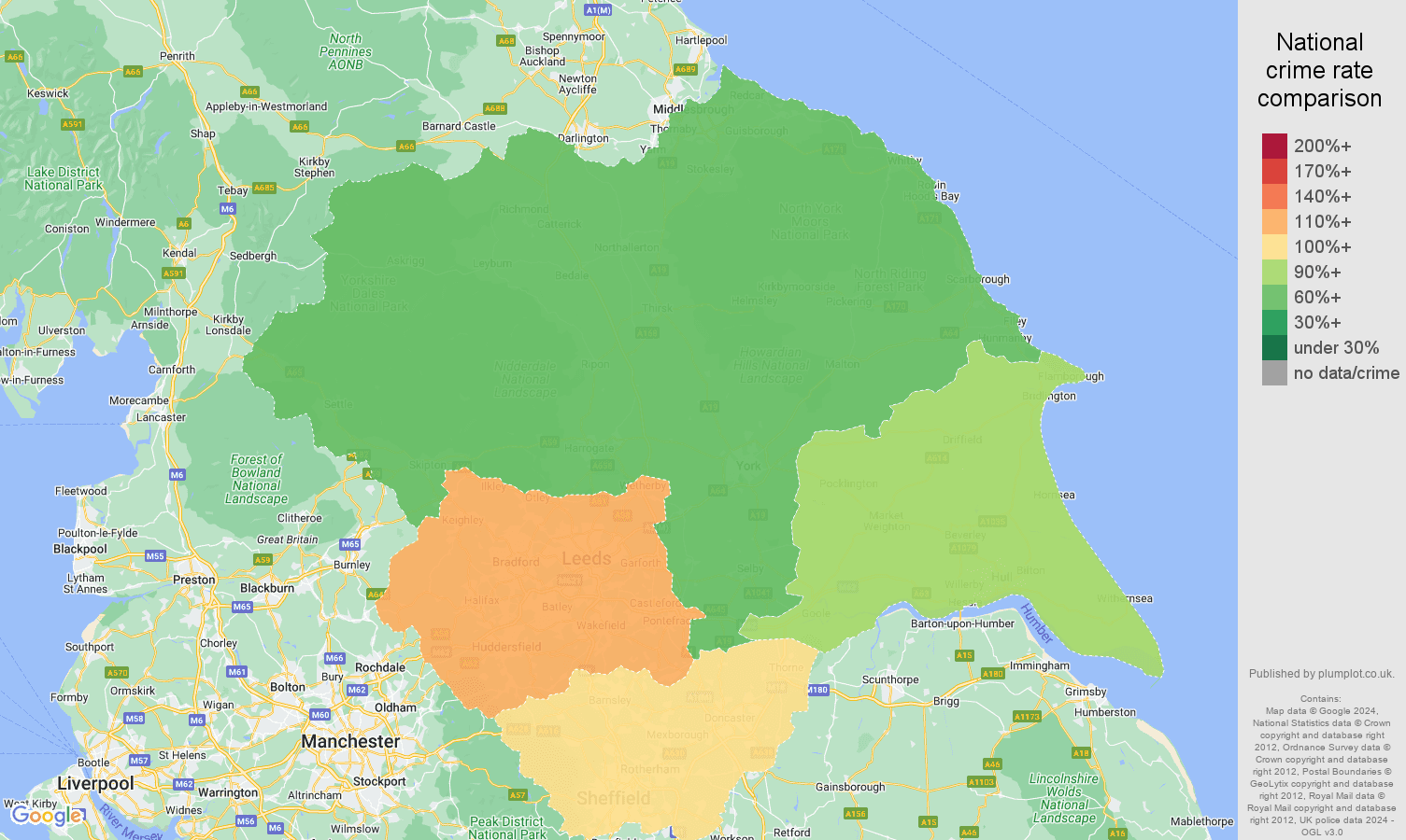 Yorkshire other theft crime rate comparison map