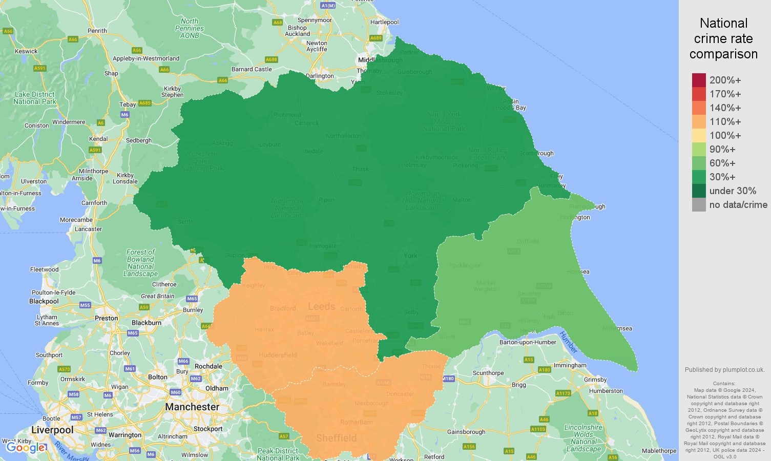 Yorkshire robbery crime rate comparison map
