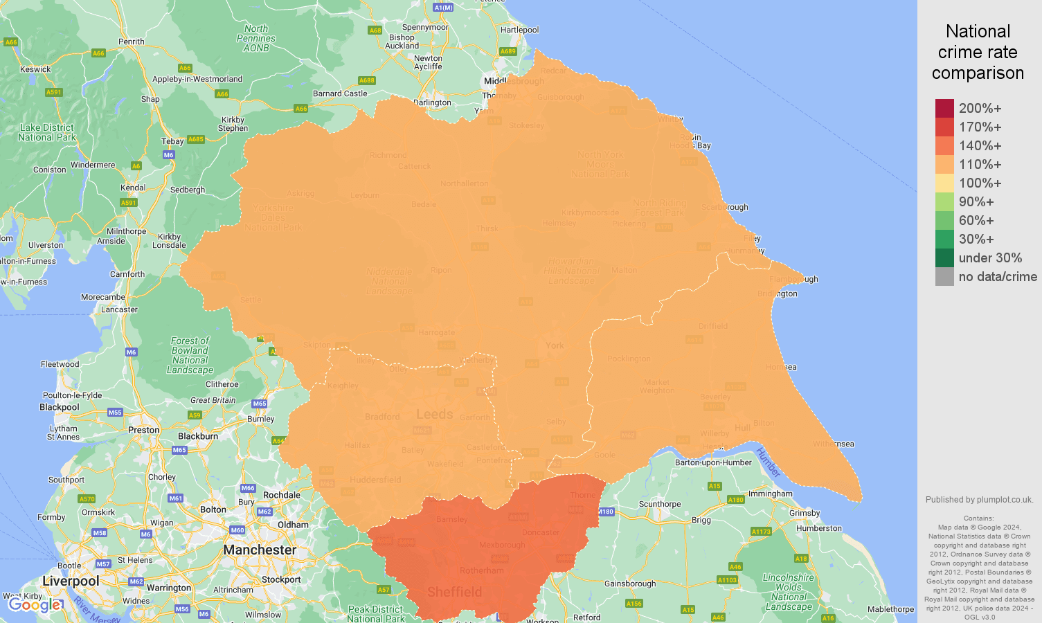 Yorkshire shoplifting crime rate comparison map