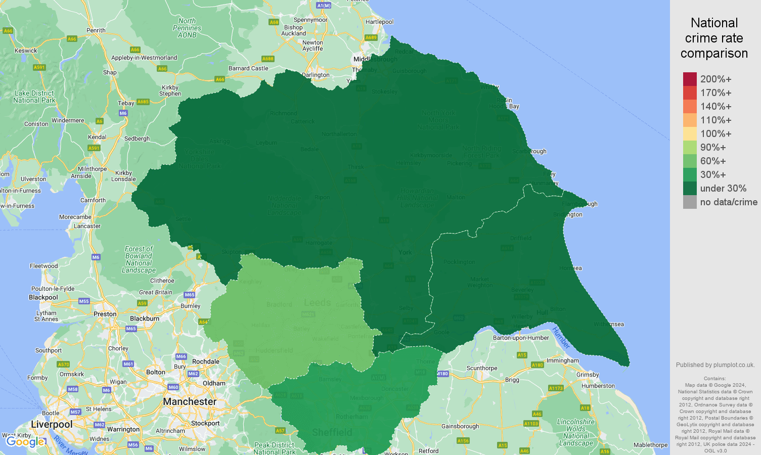 Yorkshire theft from the person crime rate comparison map