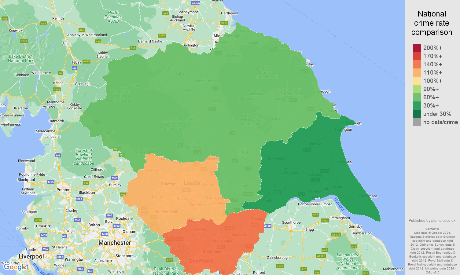 Yorkshire vehicle crime rate comparison map