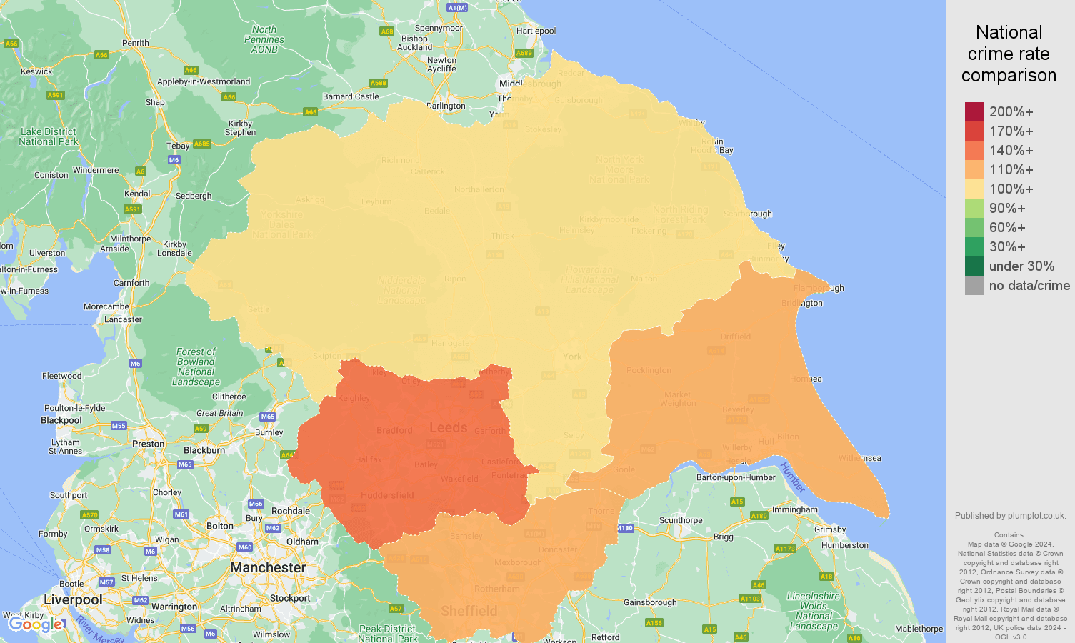 Yorkshire violent crime rate comparison map
